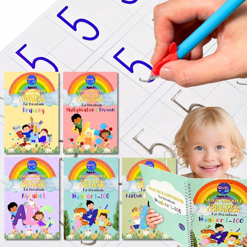 UNCLE EJ Large Magic Handwriting Practice Copybook, Grooved Handwriting Practice for Kids 3-8, Toddler Writing Practice, Math Calligraphy, Letter Tracing, for Preschool, The Beginner Kit - Image 1